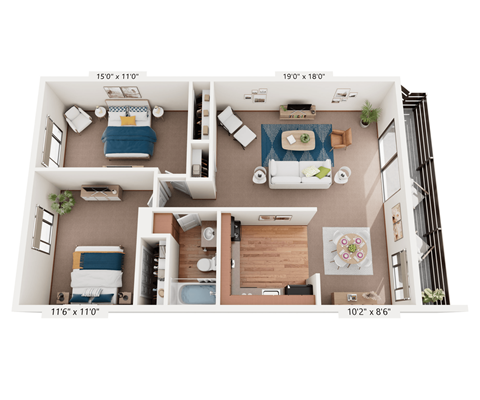 A floor plan of a two-bedroom apartment with a living room, kitchen, and bathroom.